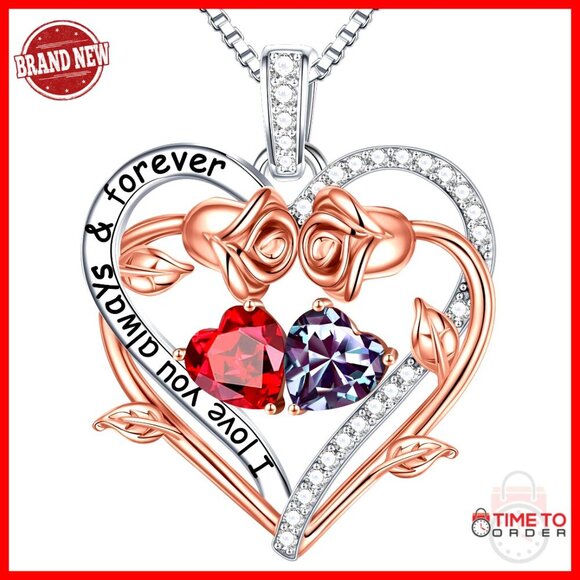 Jewelry - Sterling Silver Double Heart Birthstone Necklace Elegant Pendant Jewelry Gift